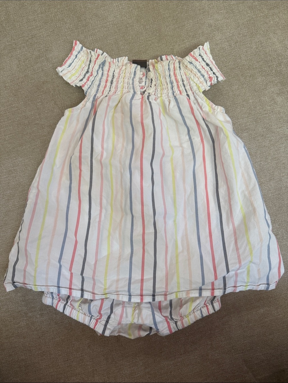 Baby Girls Striped Smocked Dress/Romper - White with Multi Stripes